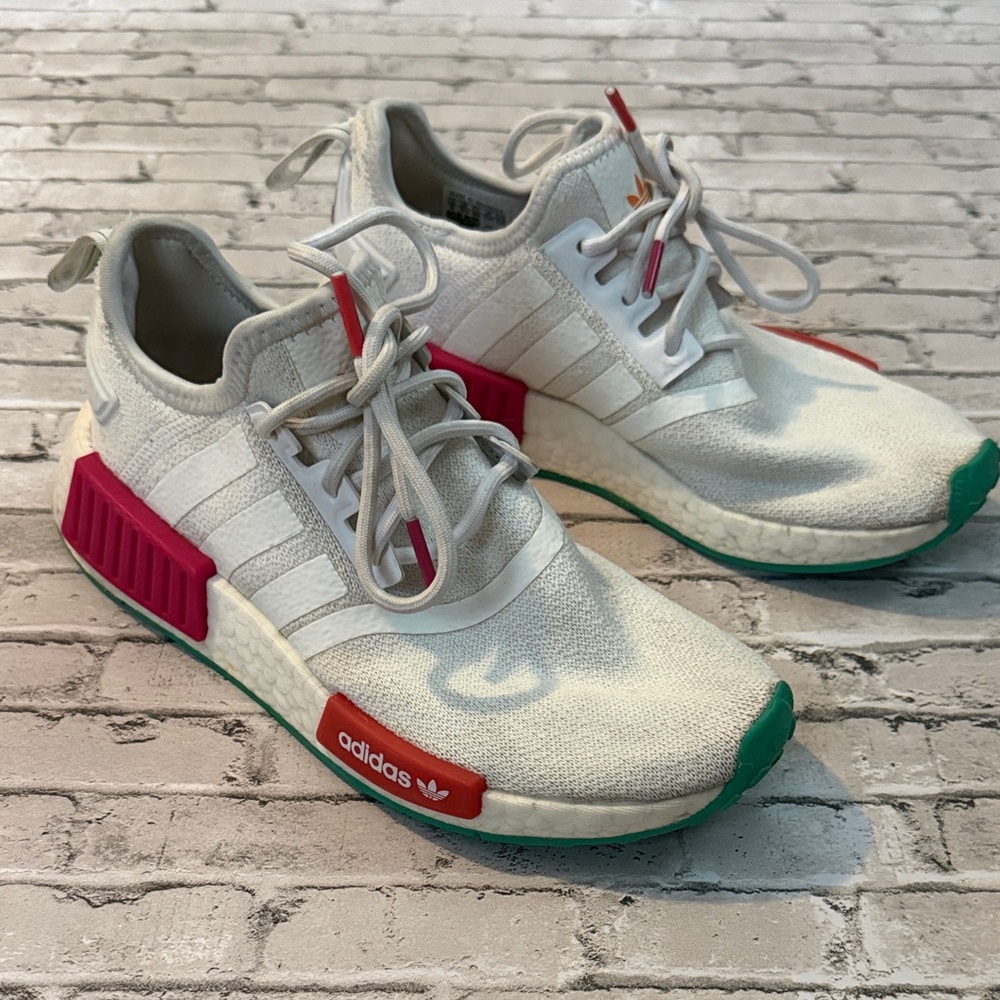 Adidas White Sneakers with Pink and Green Accents